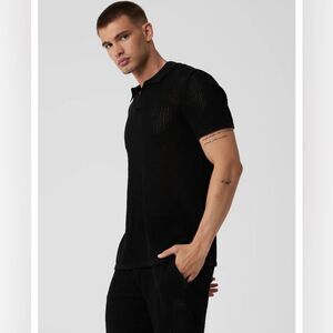 ALO YOGA Open Knit Polo Shirt Size XL in Black NEW